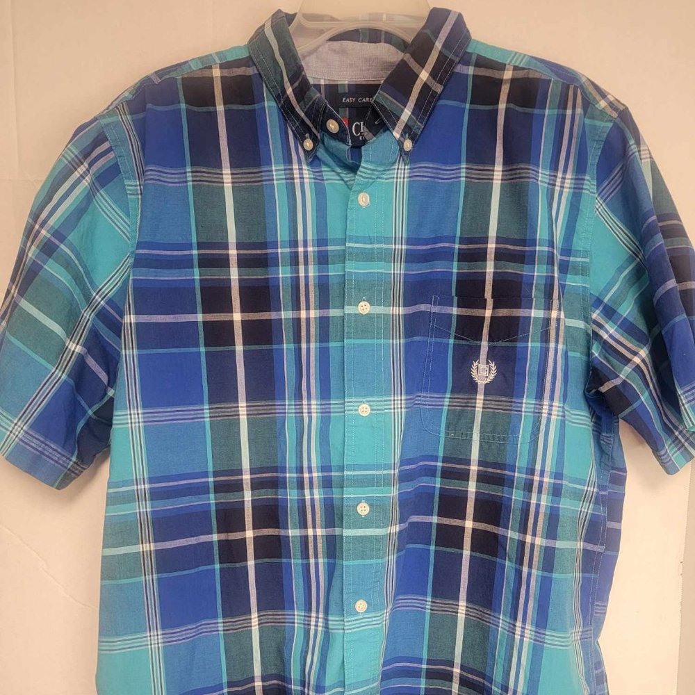 Mens Chaps size L button up plaid Blue shirt short sleeve